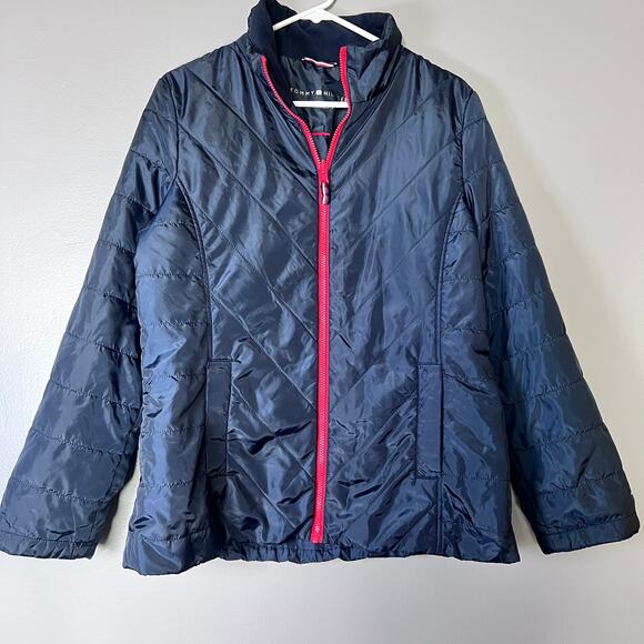 Tommy Hilfiger Quilted Jacket Women’s Medium Navy Blue Red Trim Lightweight Coat - Picture 1 of 9